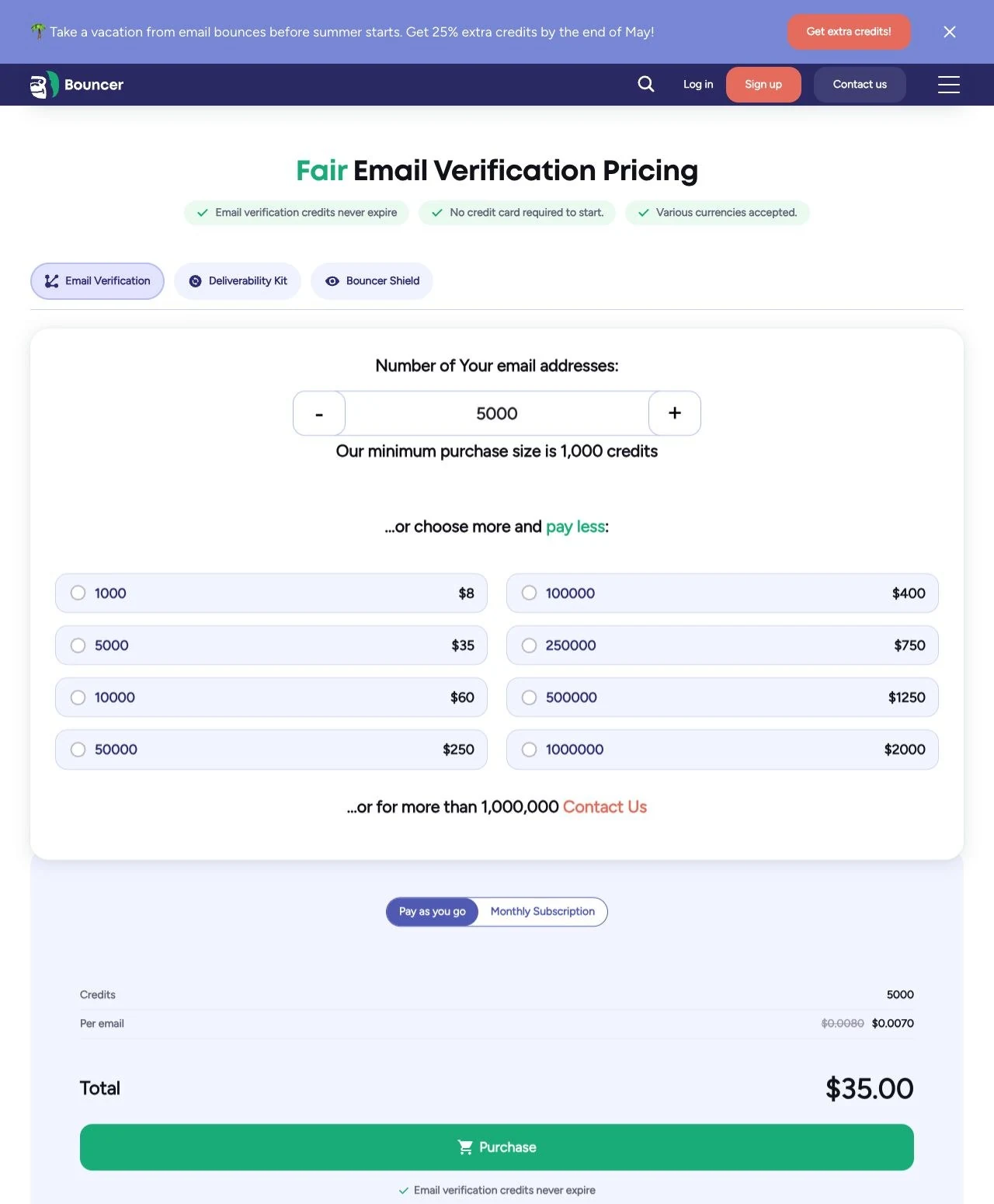 Bouncer email verification pricing page showing credit packs