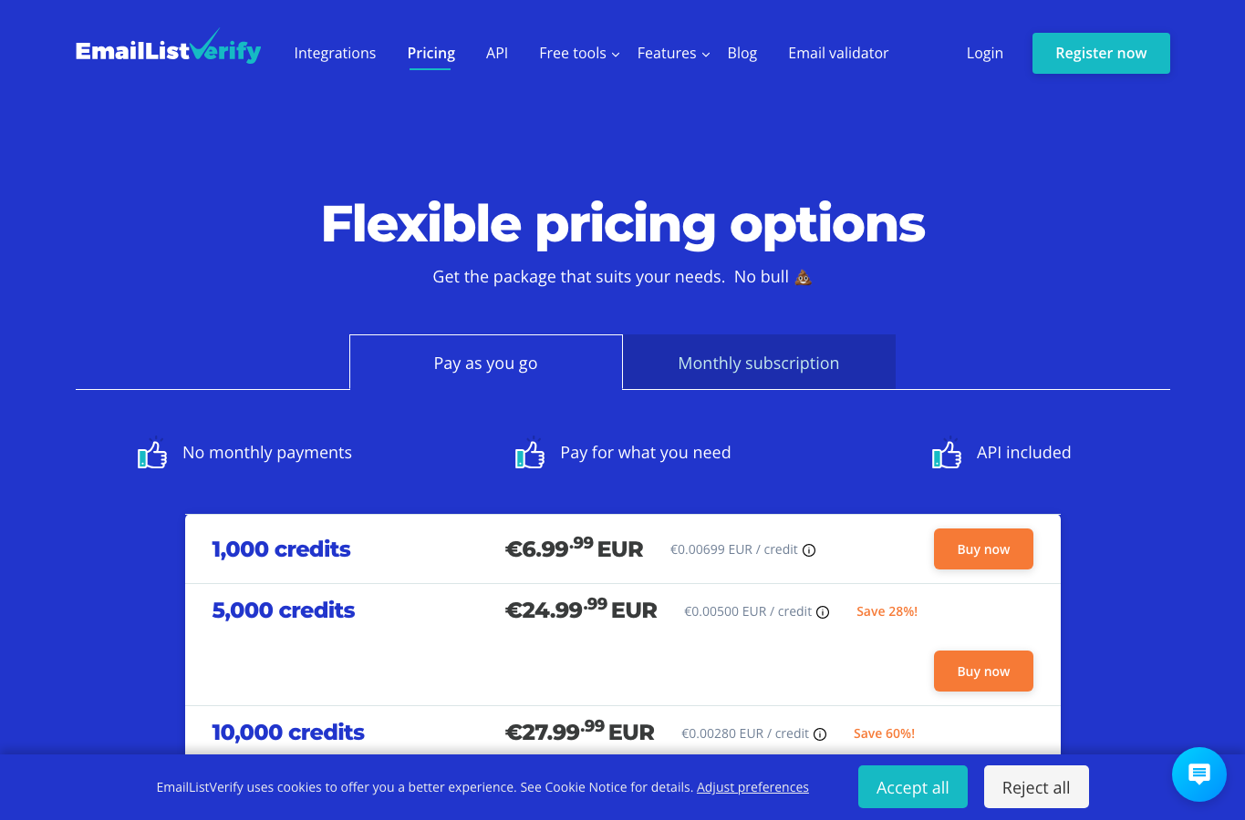 EmailListVerify one-time email verification pricing screenshot
