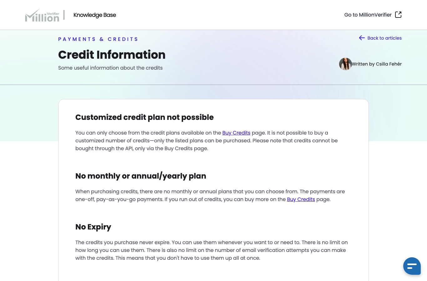MillionVerifier low-cost email verification pricing and credit policy screenshot