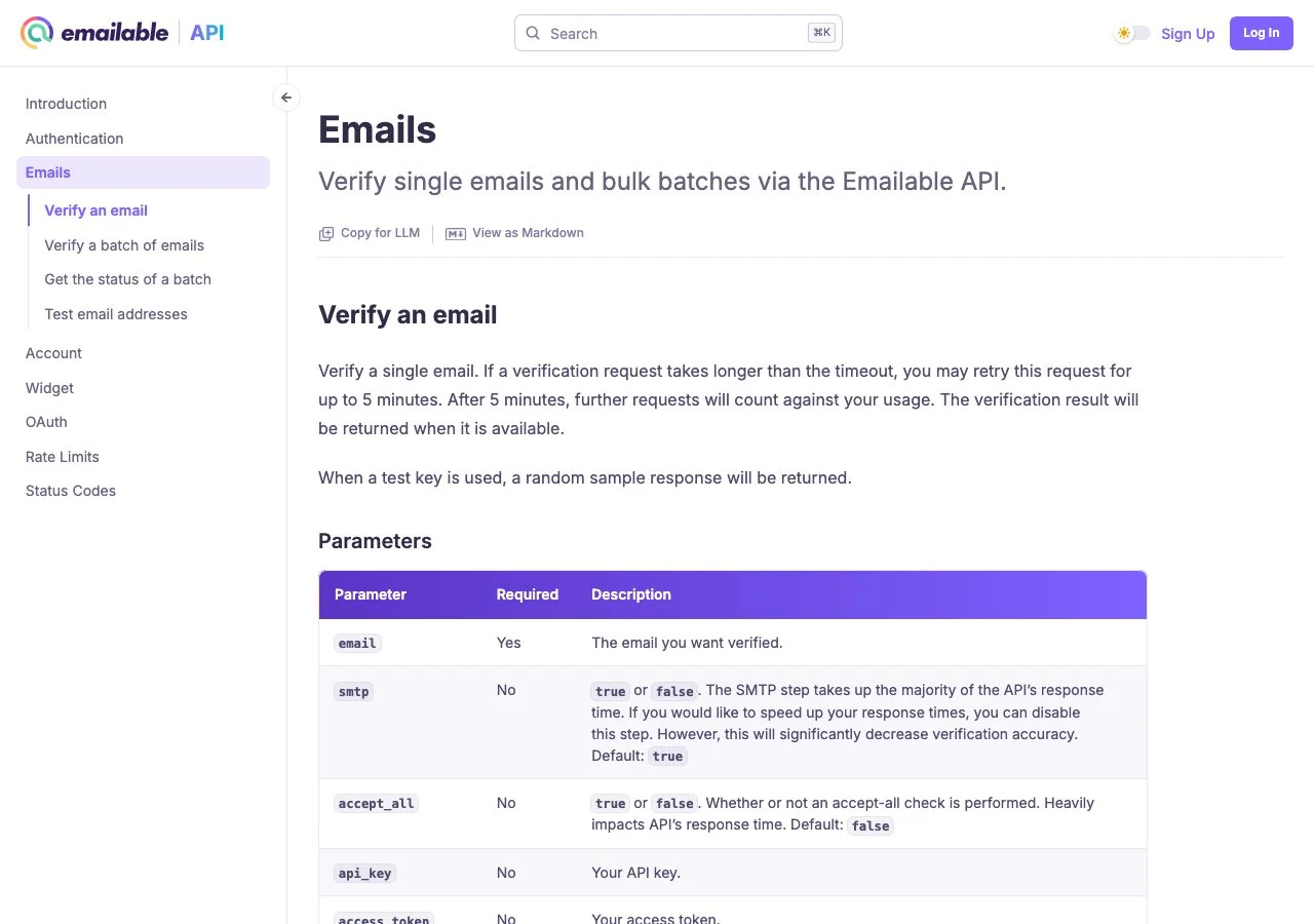 Emailable API and email batch documentation screenshot
