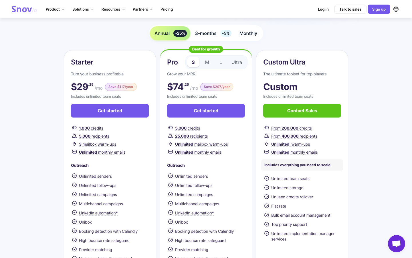 Snov.io pricing page with starter, pro, and custom ultra plans for email finding and outreach