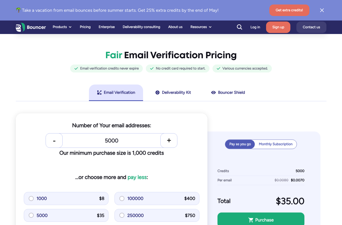 Bouncer email verification pricing page showing credit packs