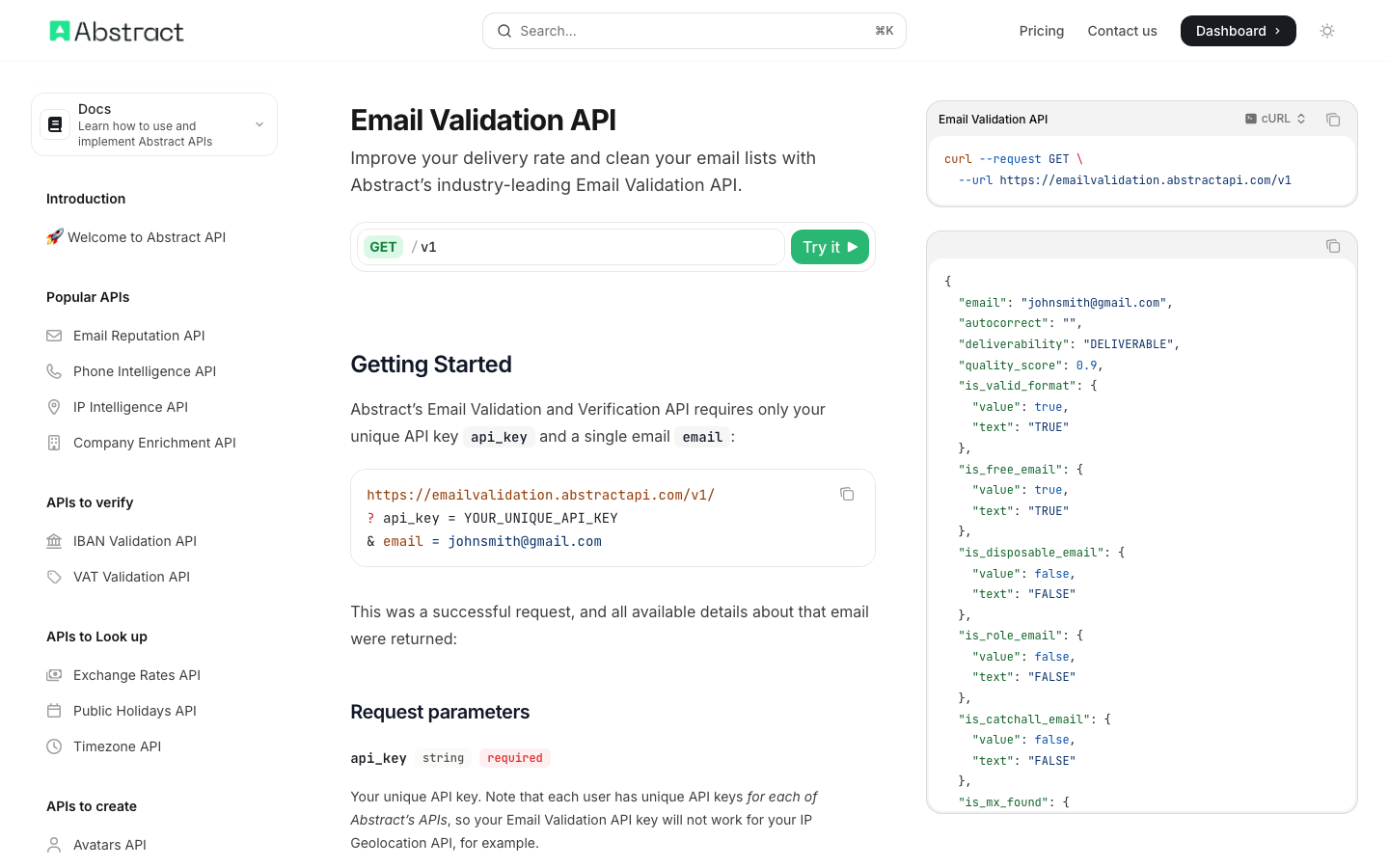 Abstract API Email Validation API documentation with endpoint and JSON response fields