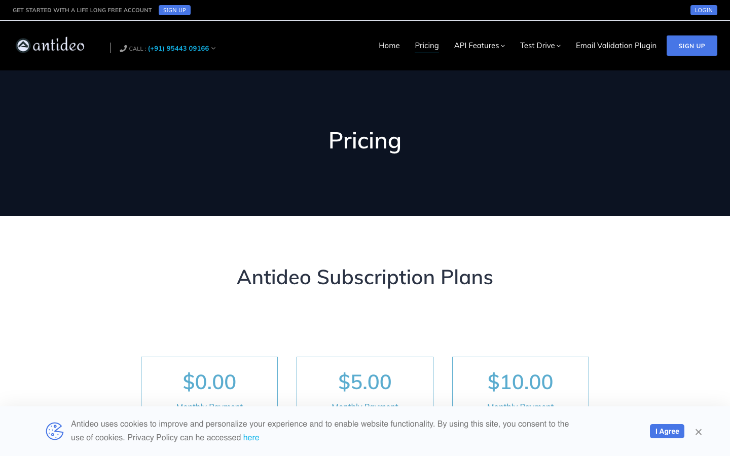 Antideo pricing page with subscription cards and request-limit based plans