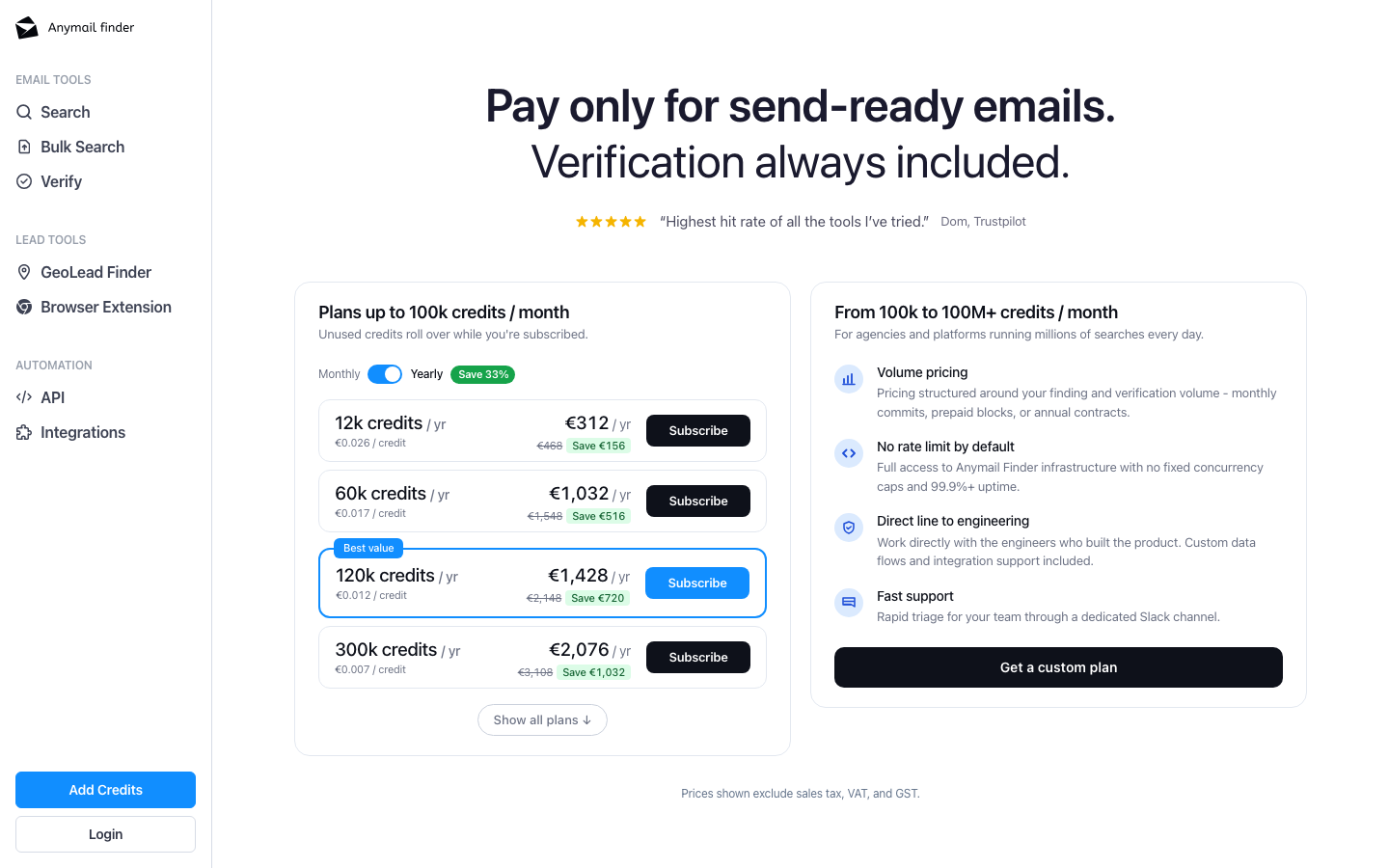 Anymail Finder pricing page with yearly credit plans and verification included