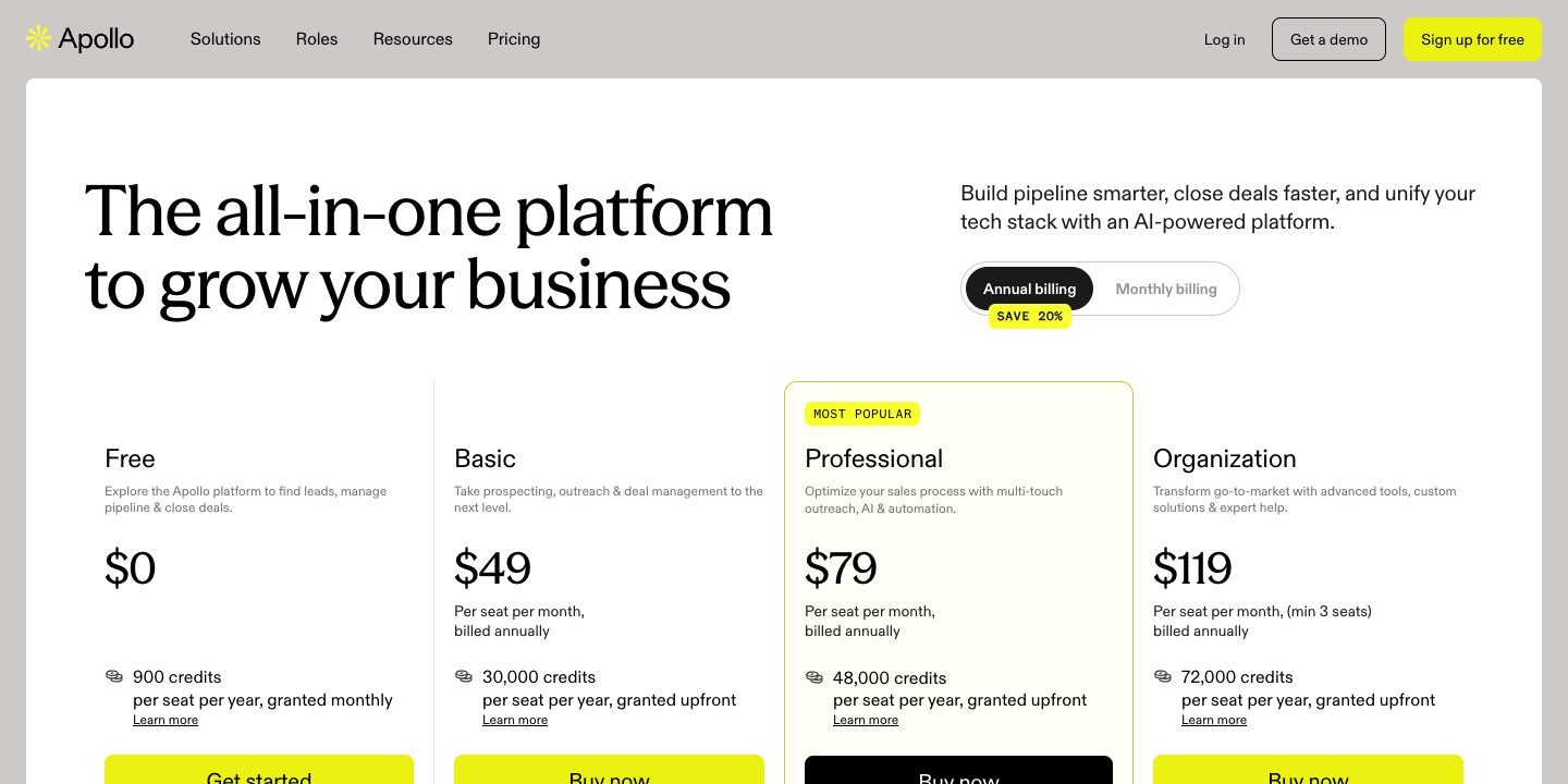 Apollo pricing page showing sales intelligence plans and credits