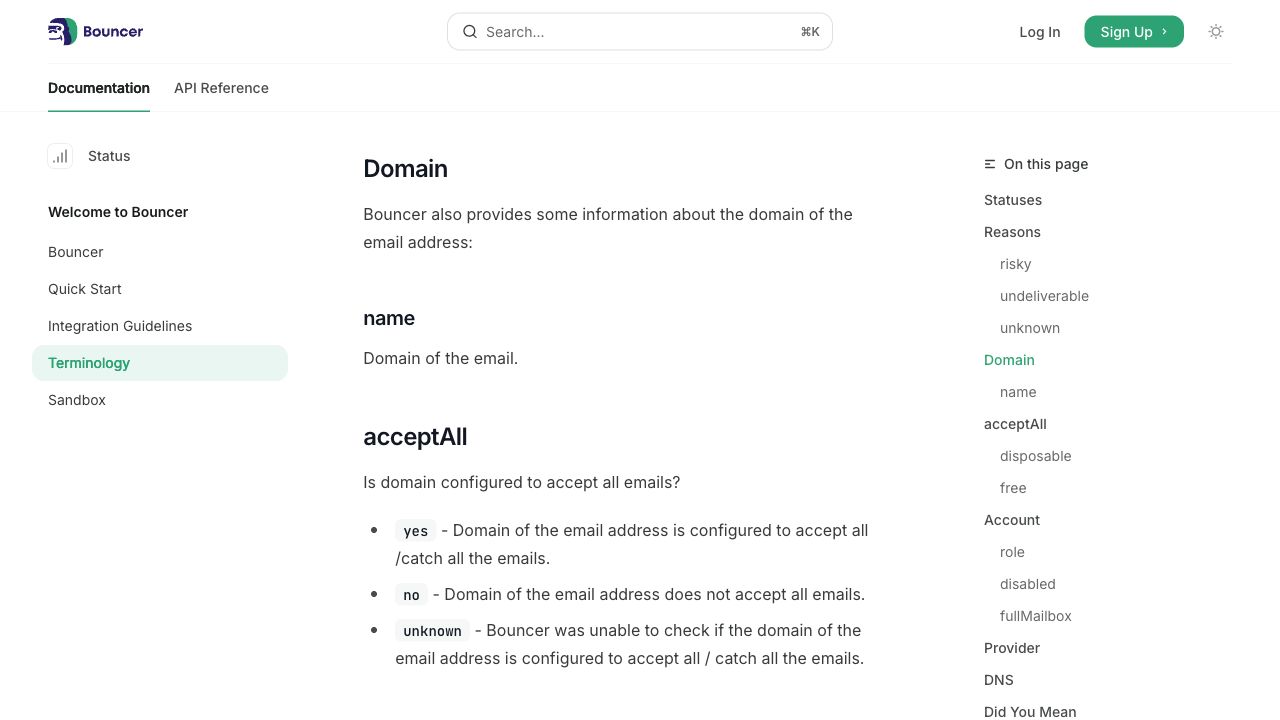 Bouncer terminology docs page showing the domain acceptAll catch-all field