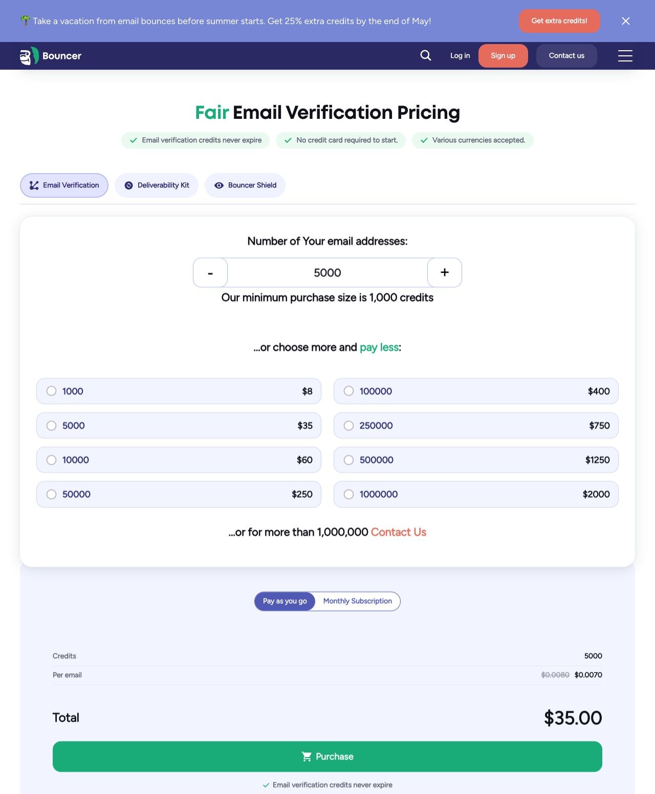Bouncer email verification pricing page showing credit packs from 1000 to 1000000 credits