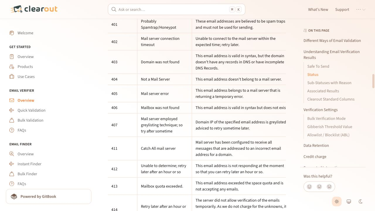 Clearout Email Verifier screen showing result status codes including Catch All.