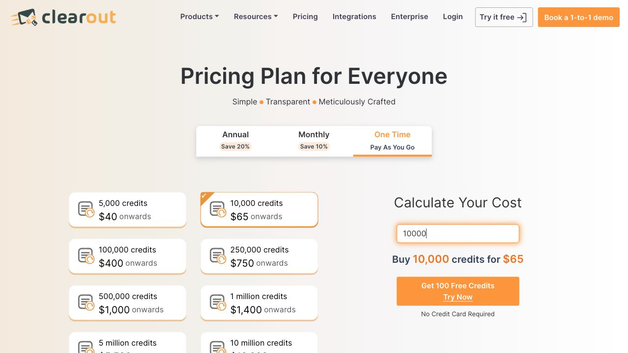 Clearout pricing page showing one-time email verification credit tiers.
