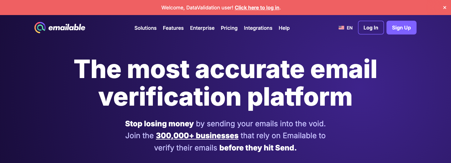 datavalidation.com redirect screen with Emailable header and DataValidation user banner