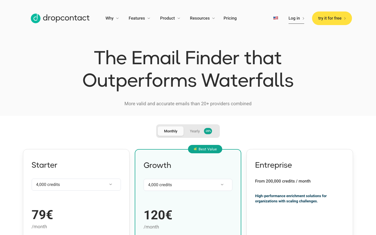 Dropcontact pricing page with Starter Growth and Enterprise plan cards