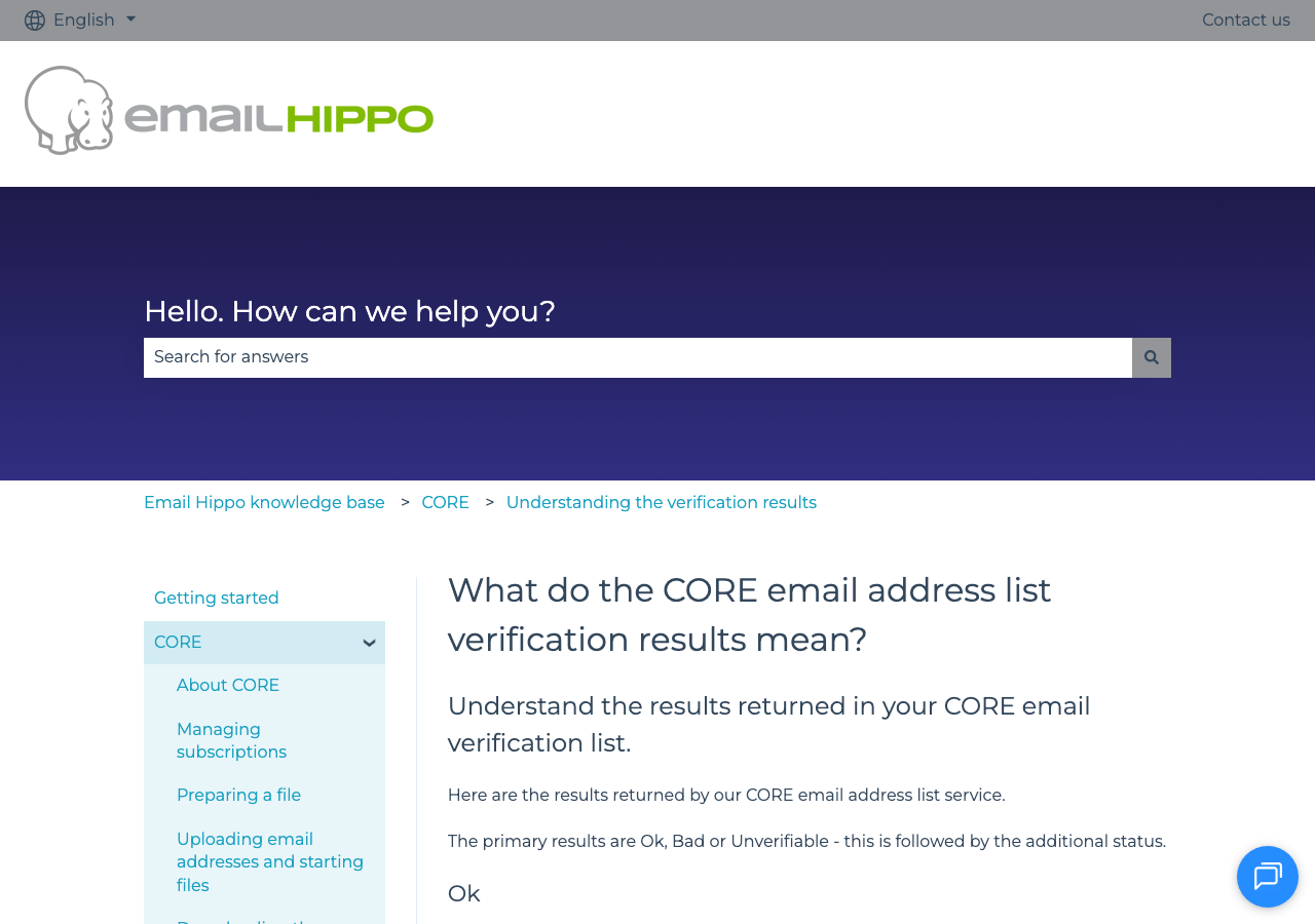EmailHippo CORE help page showing primary results for bulk verification