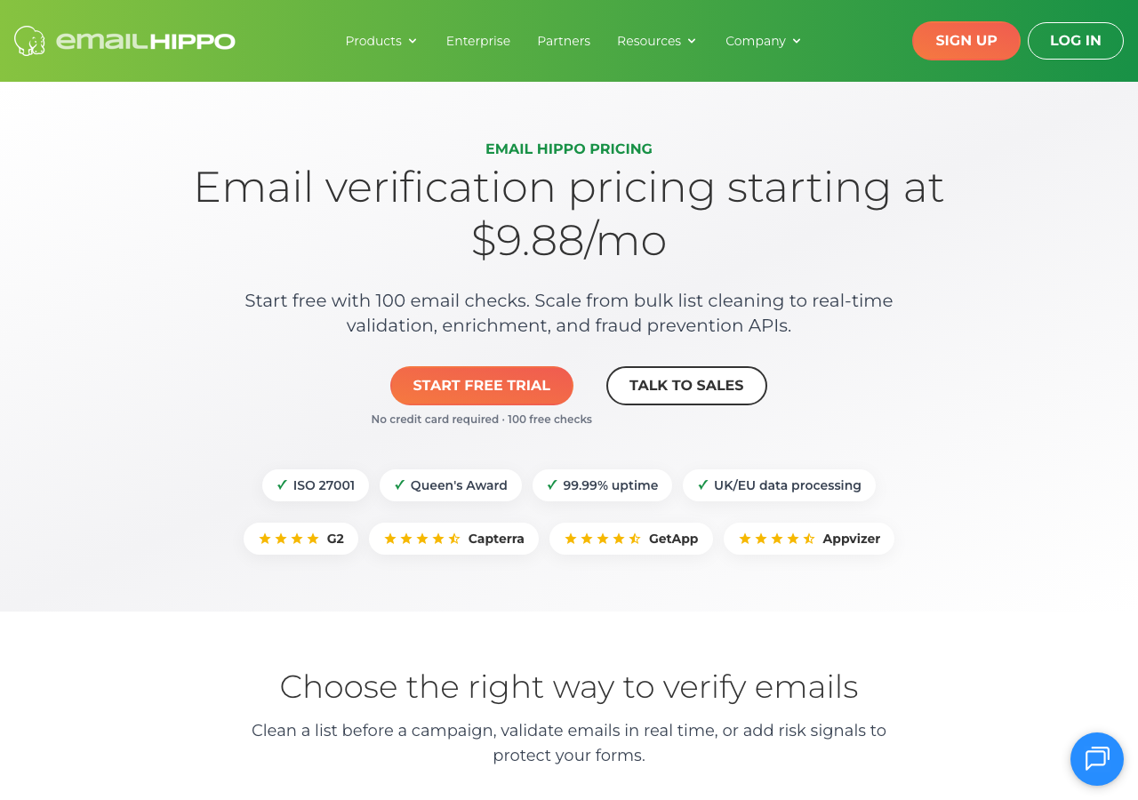EmailHippo pricing page showing starting price, 100 free checks, and product routing