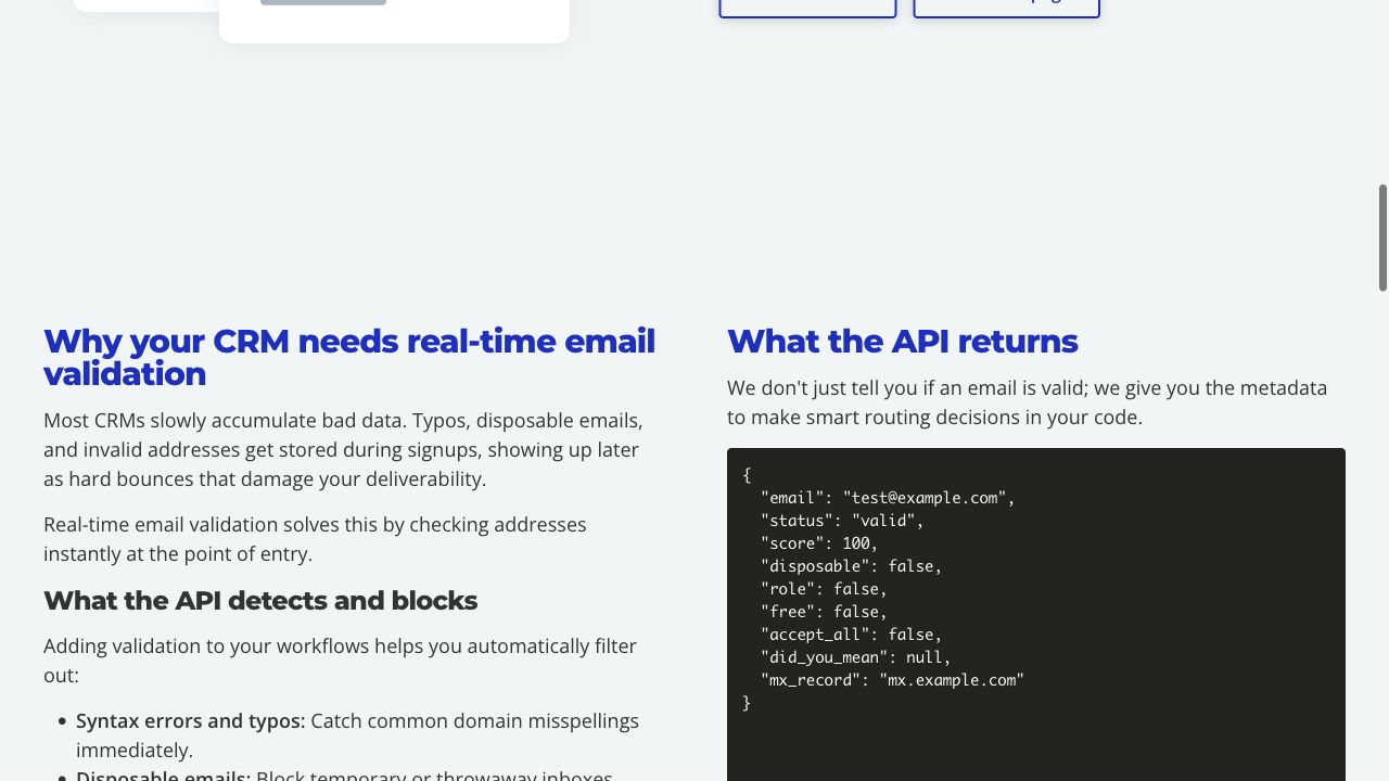 EmailListVerify API page showing JSON response fields including accept_all