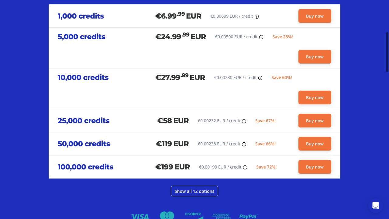 EmailListVerify pricing page showing one-time credit tiers