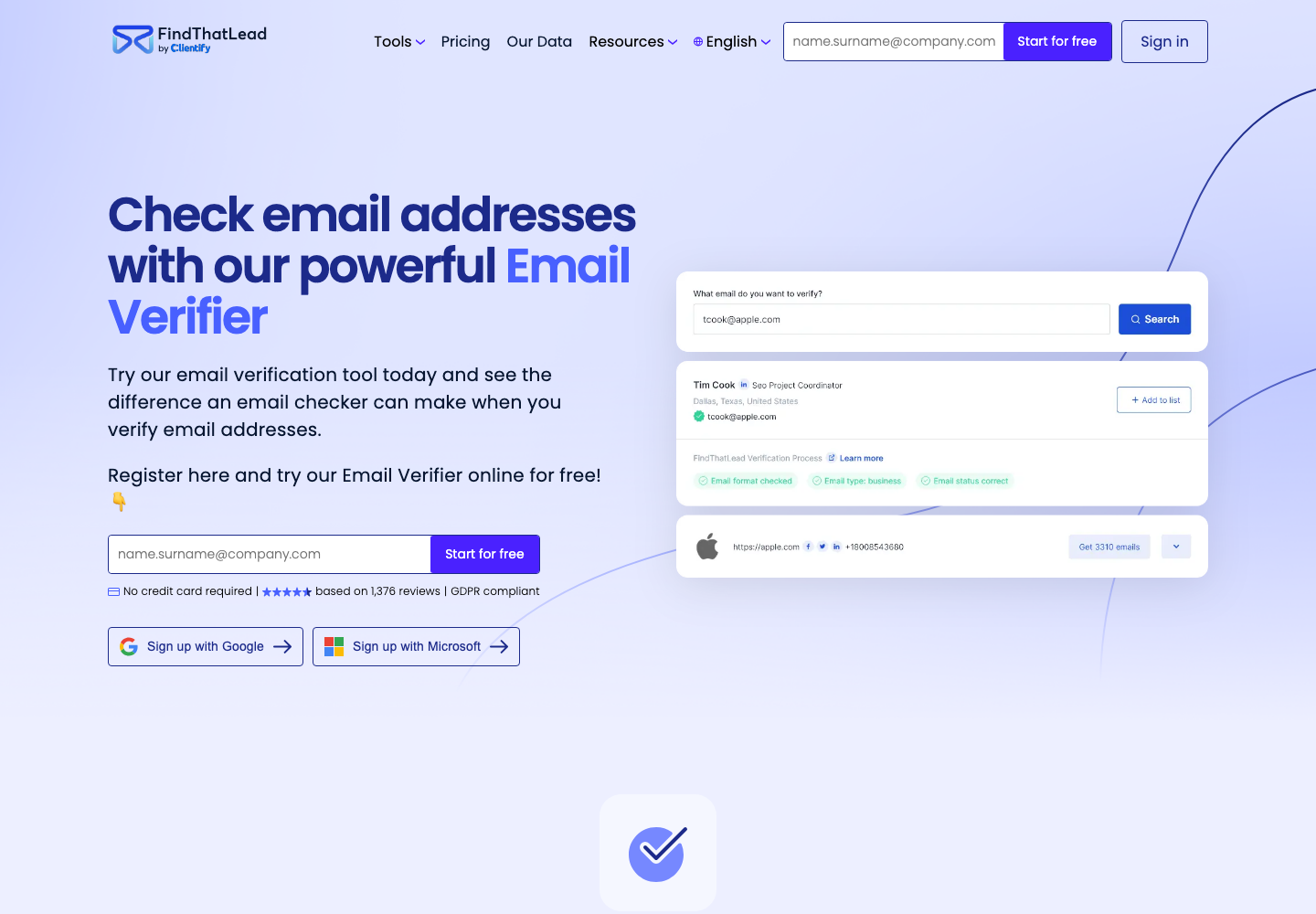 FindThatLead email verifier page showing an email verification search example and result card