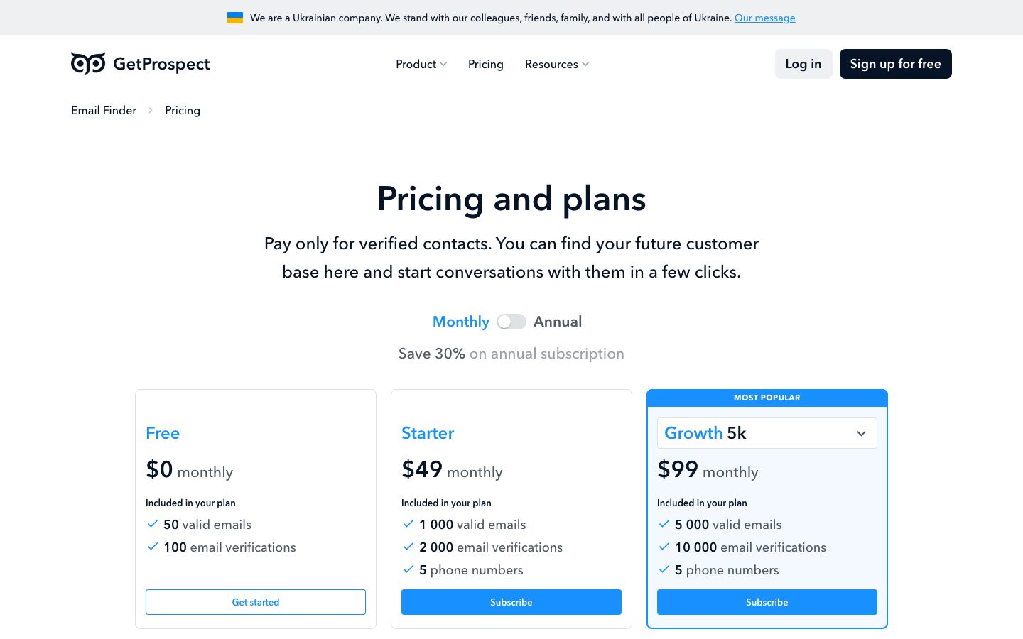 GetProspect pricing page with Free Starter and Growth plans showing valid emails and verification allowances