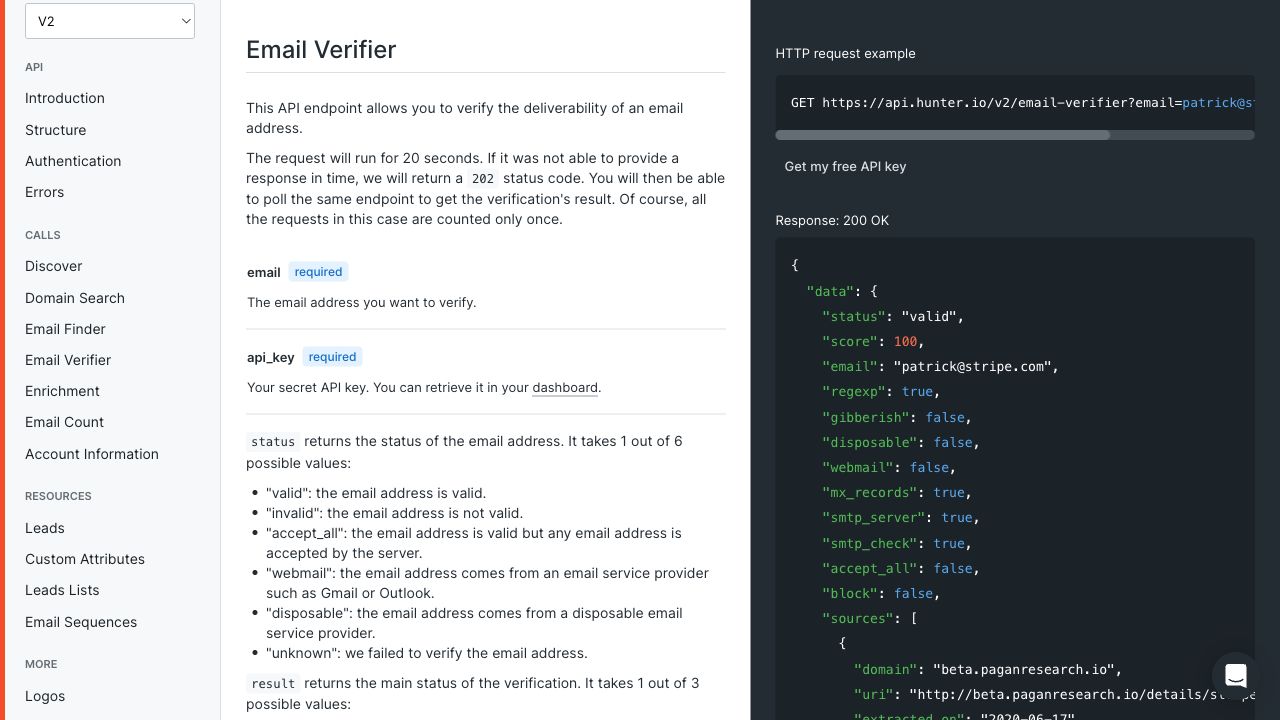 Hunter Email Verifier API docs page showing status values and response fields including score smtp_check and accept_all