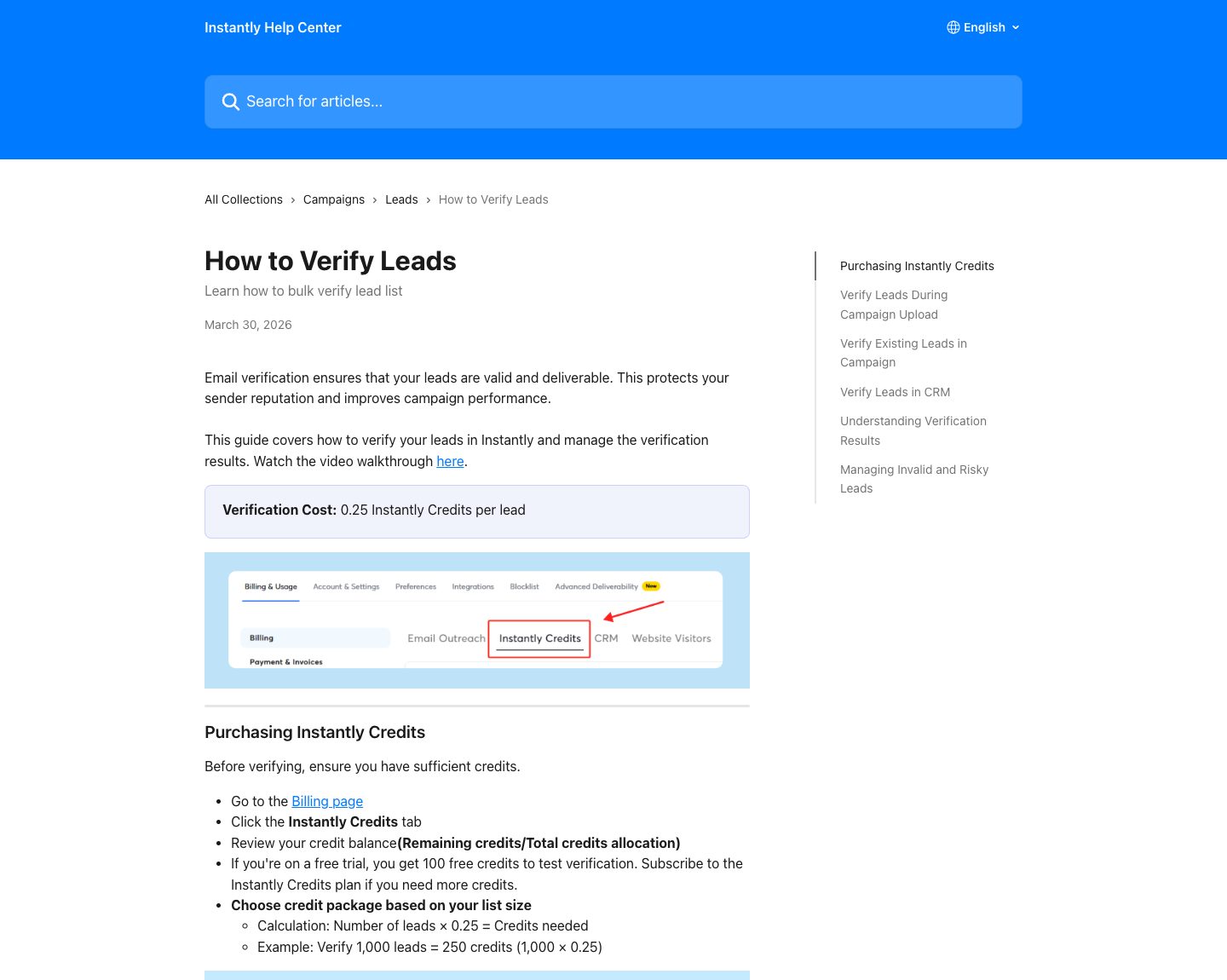 Instantly support page showing lead verification workflow