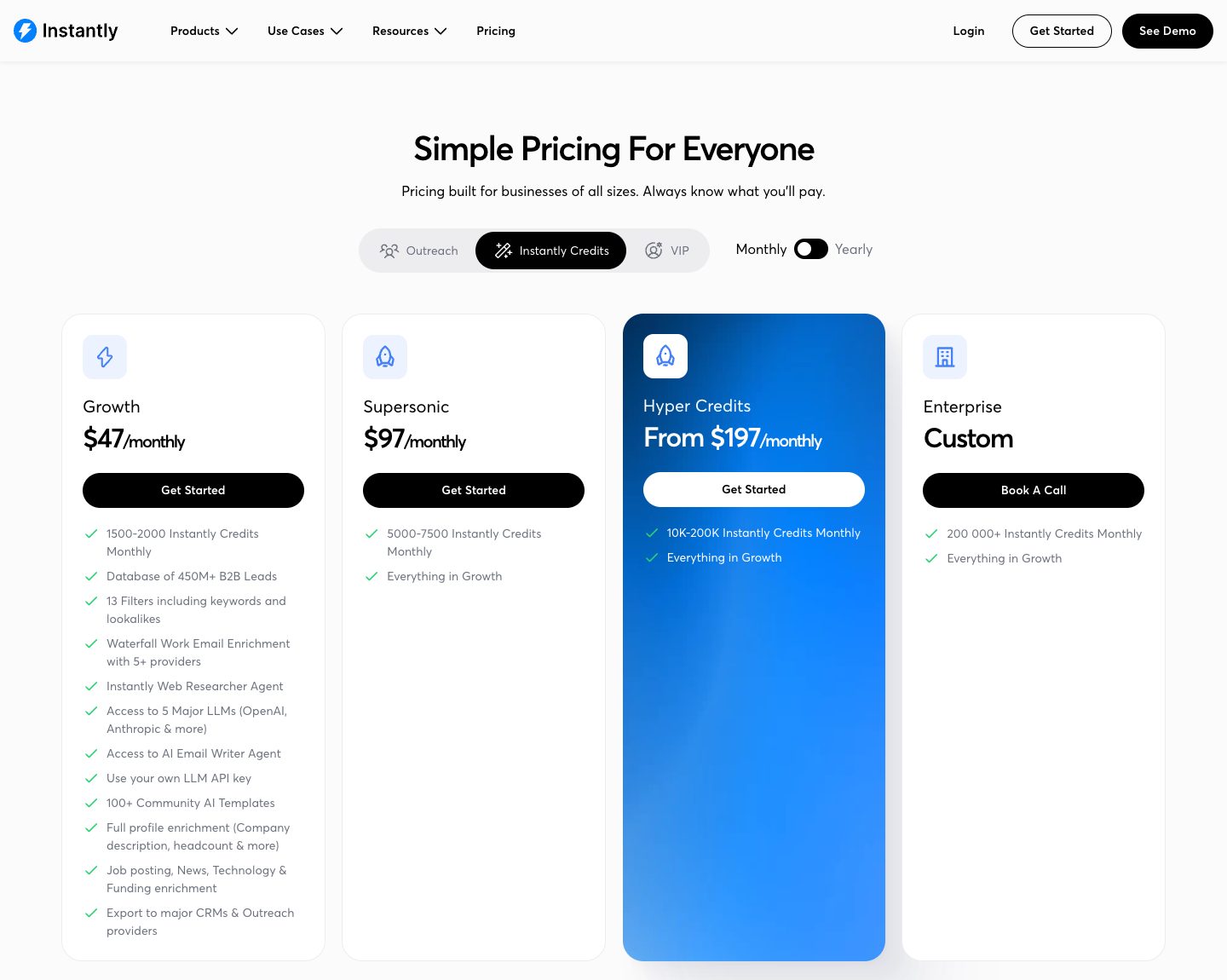 Instantly pricing page showing outreach plans and credits