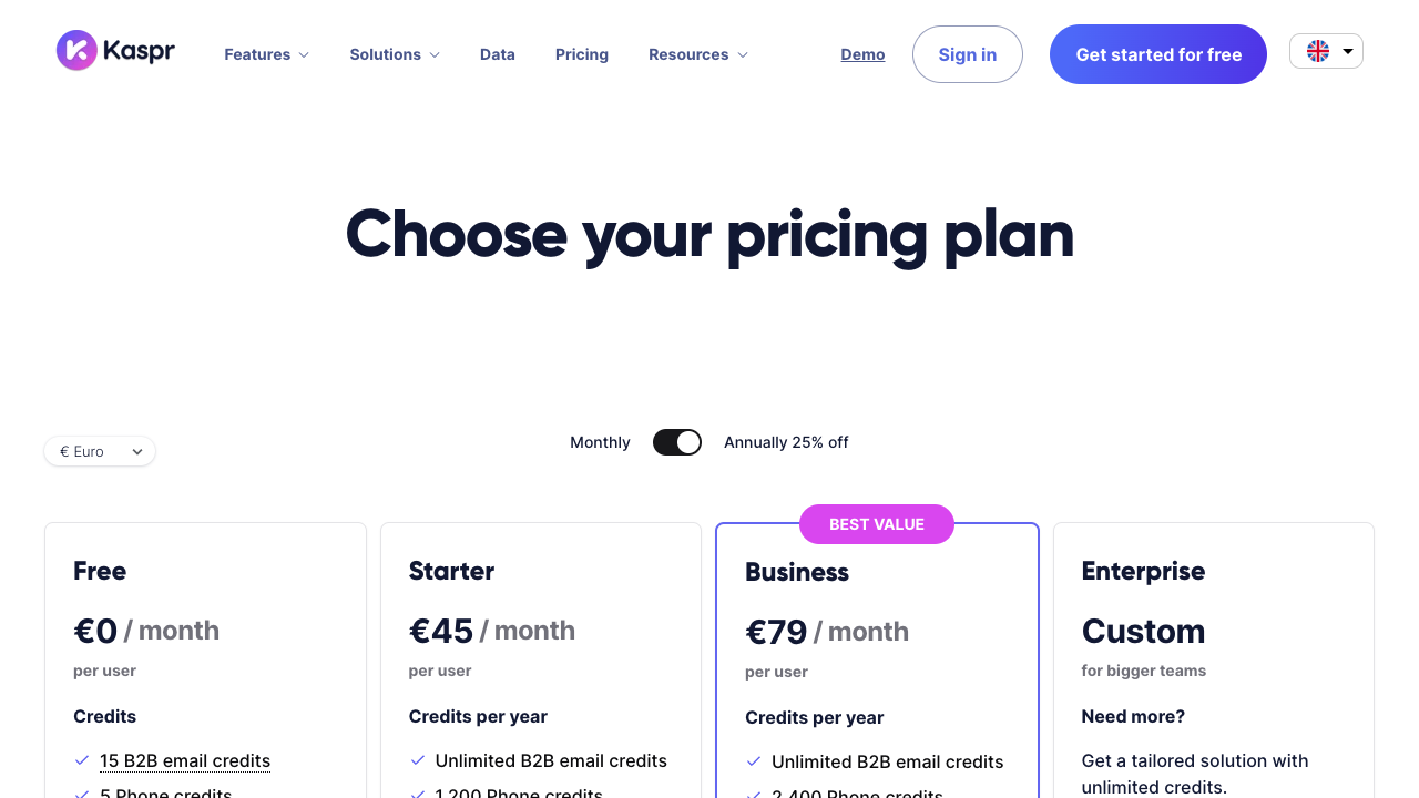 Kaspr pricing page with free starter business and enterprise plans