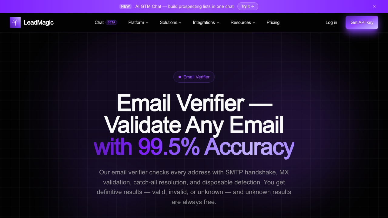LeadMagic email validation page showing email verifier positioning, bulk CSV validation, and API validation