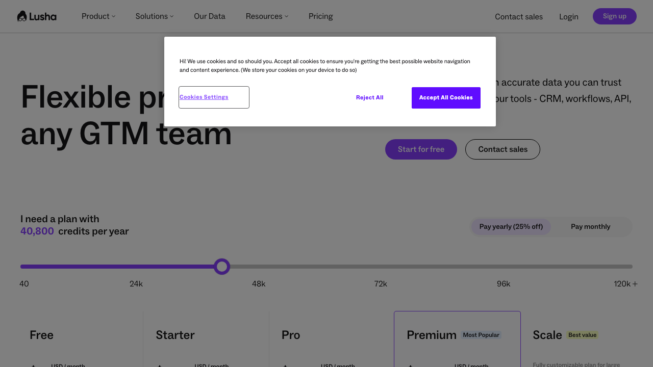 Lusha pricing page showing credit based contact data plans annual credits seats and GTM team pricing