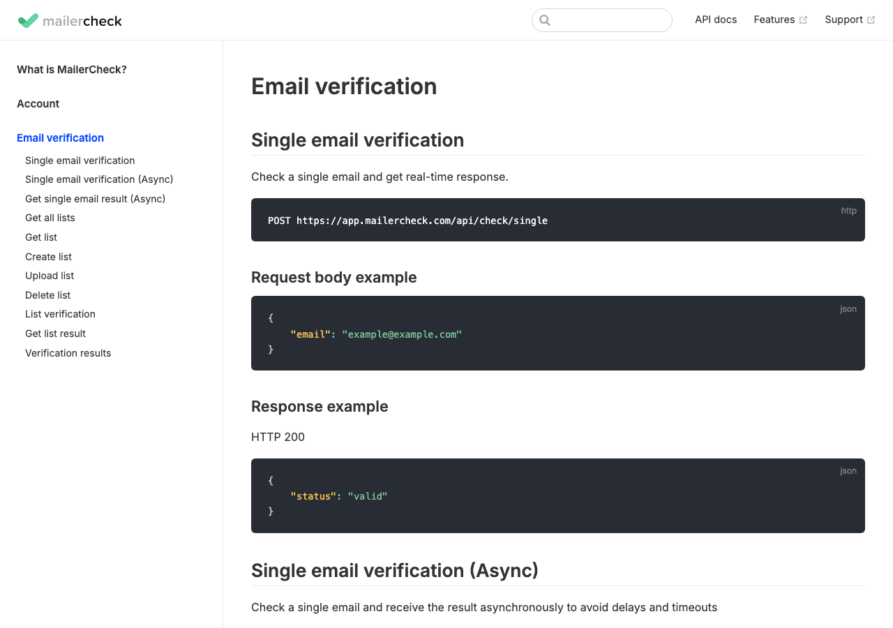MailerCheck developer documentation for email verification API endpoints