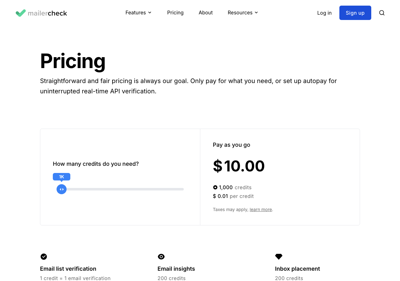 MailerCheck pricing page showing 1000 credits for 10 dollars