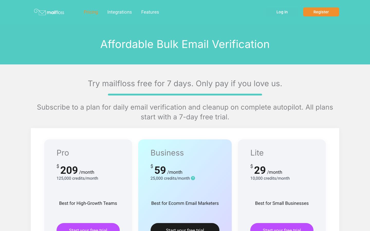 Mailfloss pricing page with Lite Business and Pro verification plans for ESP list cleaning