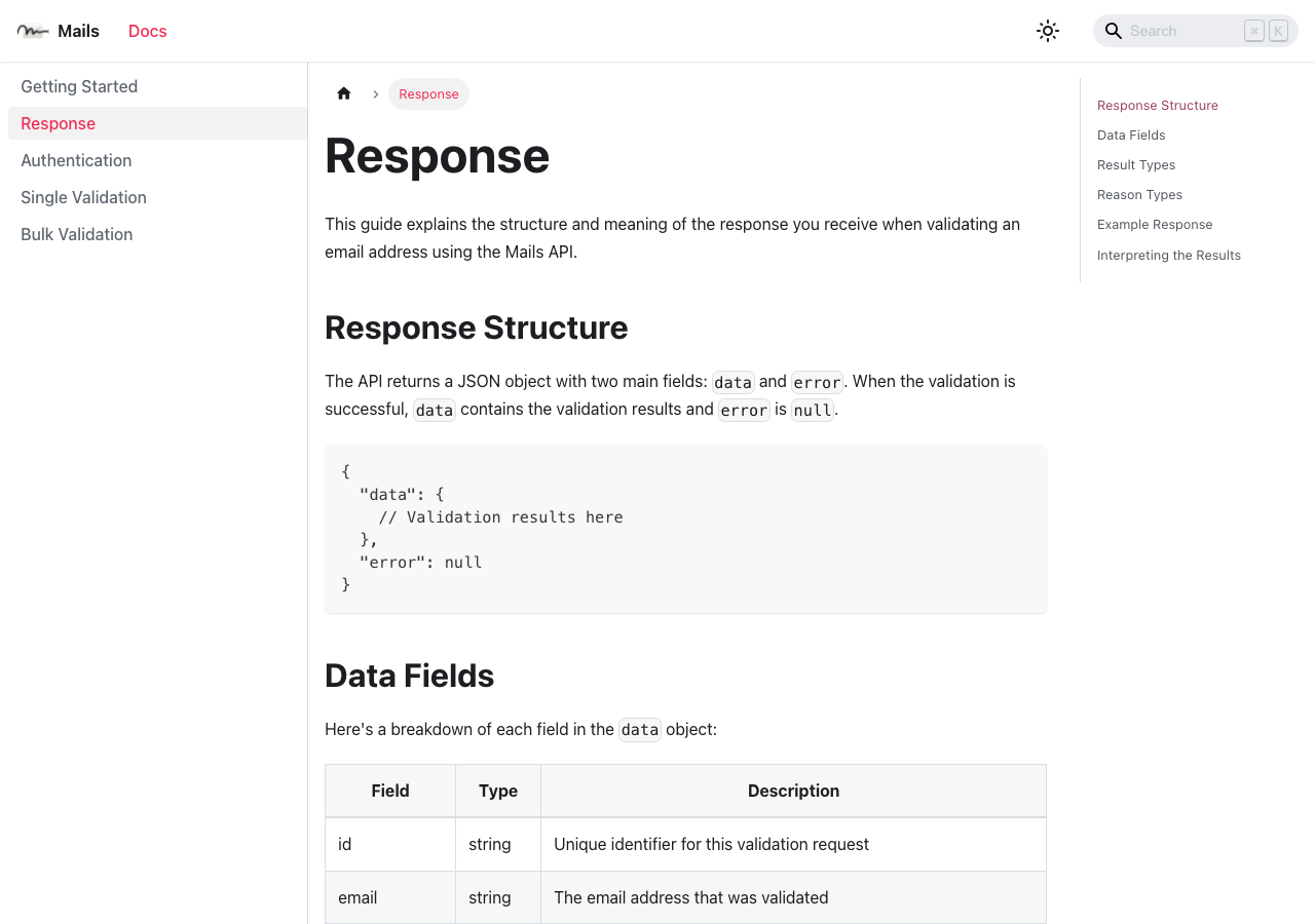 Mails.so API response page showing data and error response structure