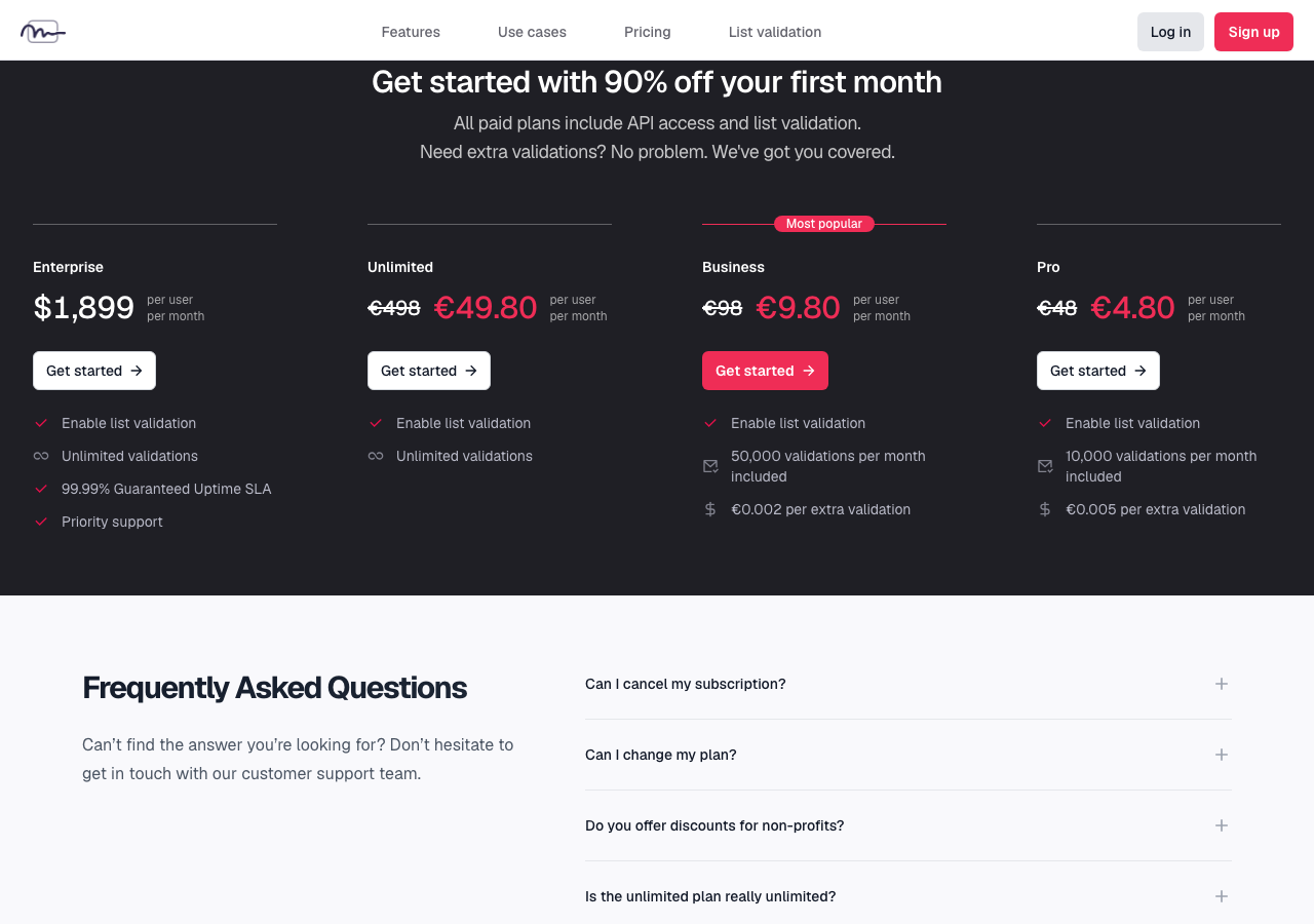 Mails.so pricing page showing subscription plans and monthly validation allowances