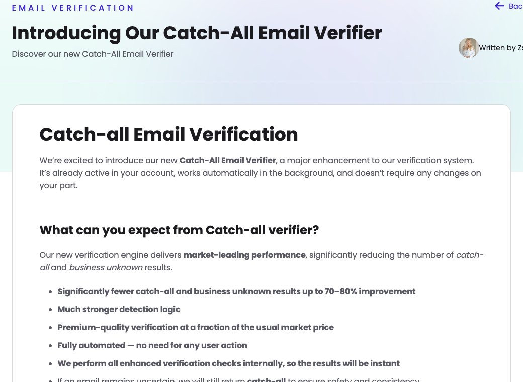 MillionVerifier catch-all verifier page showing 70 to 80 percent fewer catch all and business unknown results