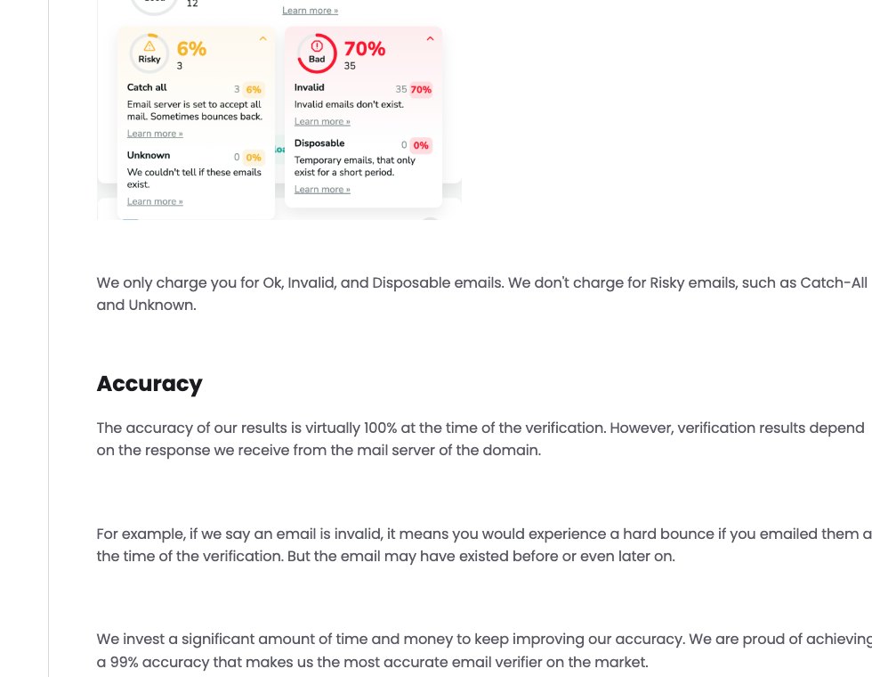 MillionVerifier help page showing catch all and unknown risky emails are not charged