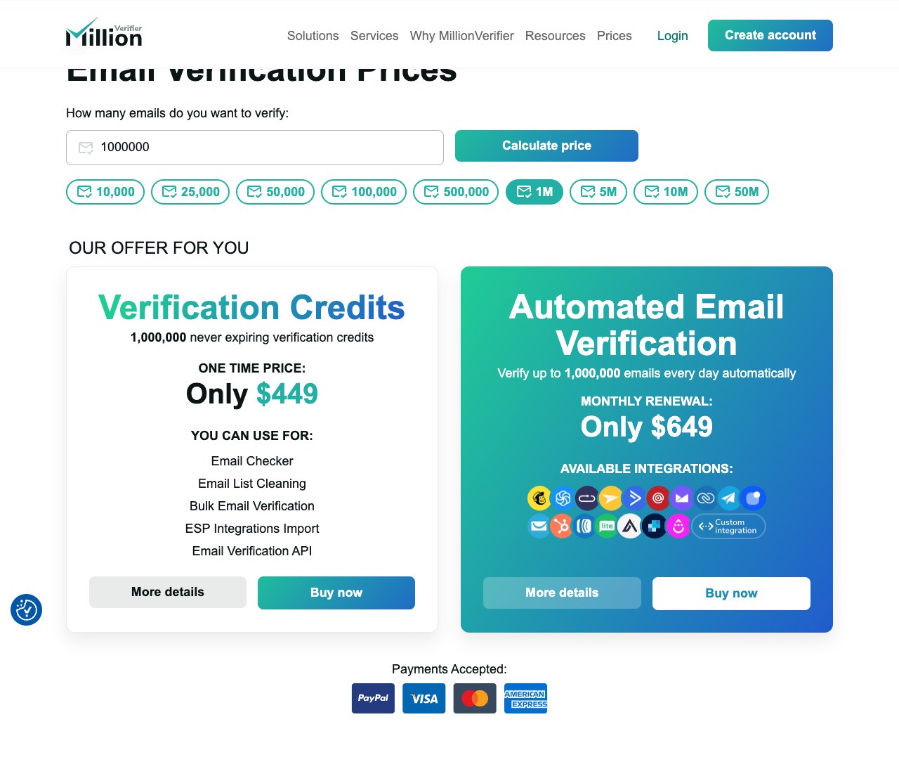 MillionVerifier pricing calculator page showing one million verification credits for 449 dollars