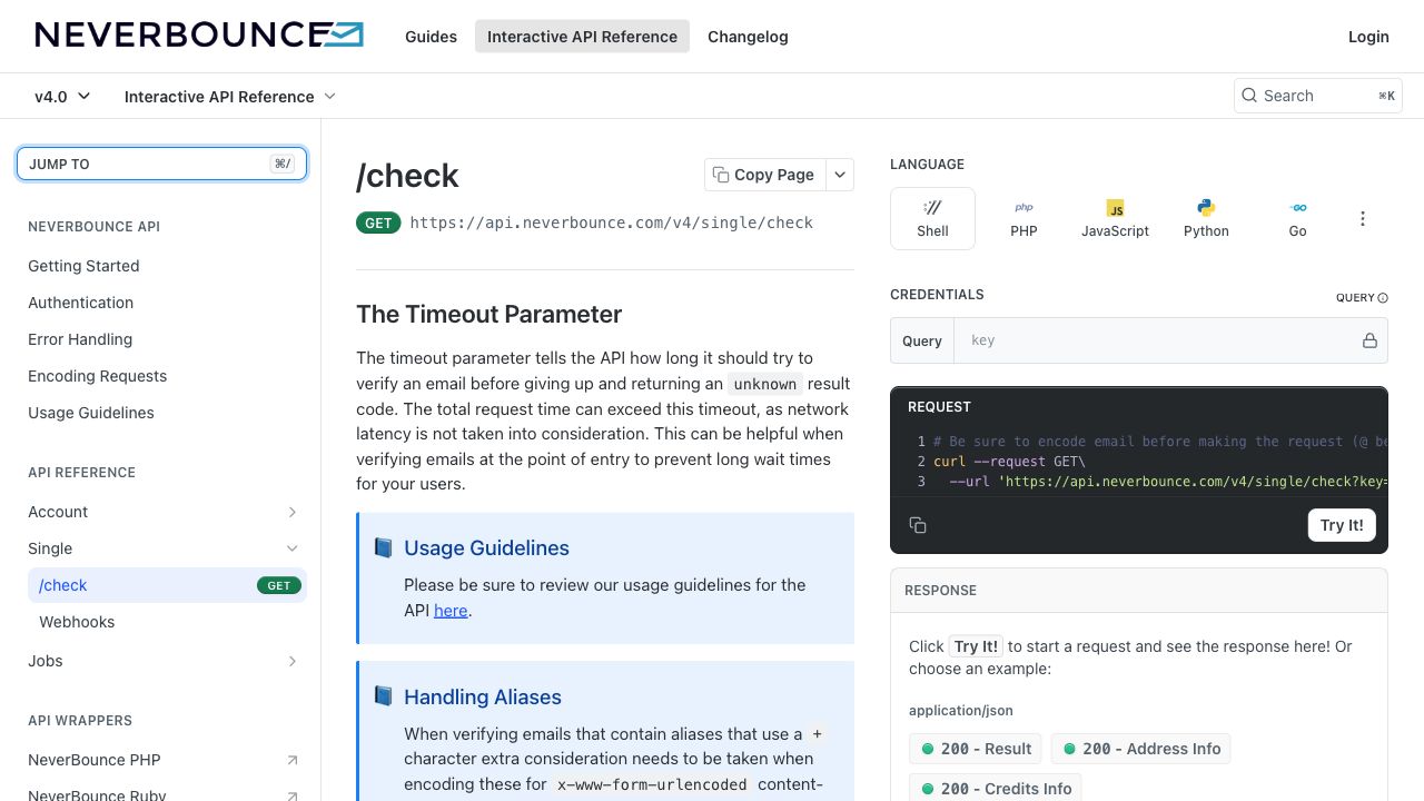 NeverBounce single-check API reference showing the v4 email verification endpoint