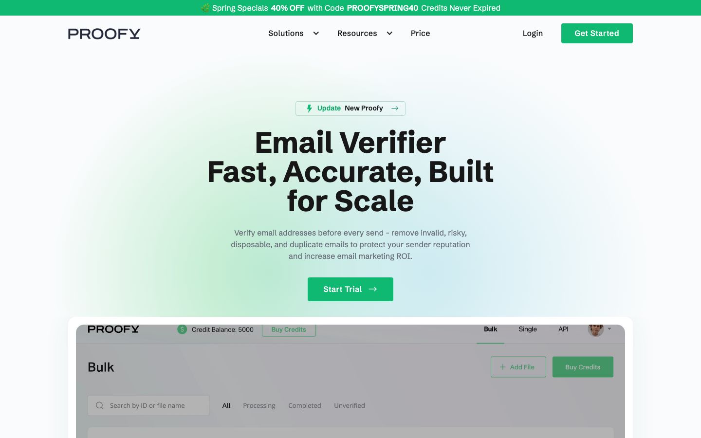 Proofy email verifier workspace with tabs for bulk single and API checks