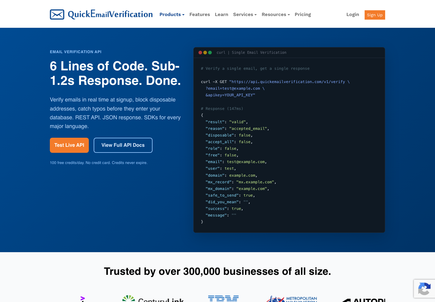 QuickEmailVerification email verification API page showing JSON response fields