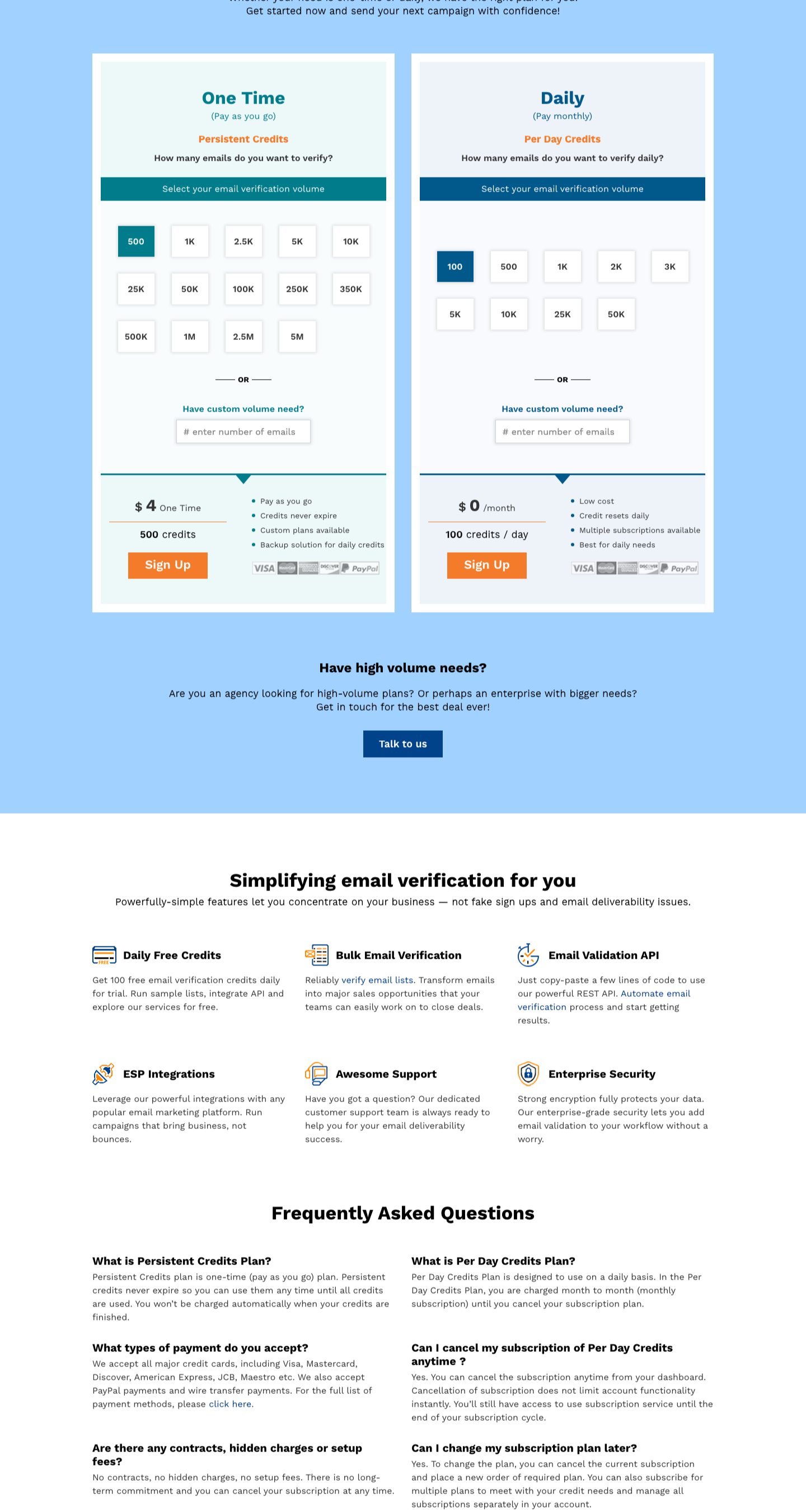 QuickEmailVerification pricing page showing one-time persistent credits and daily credits