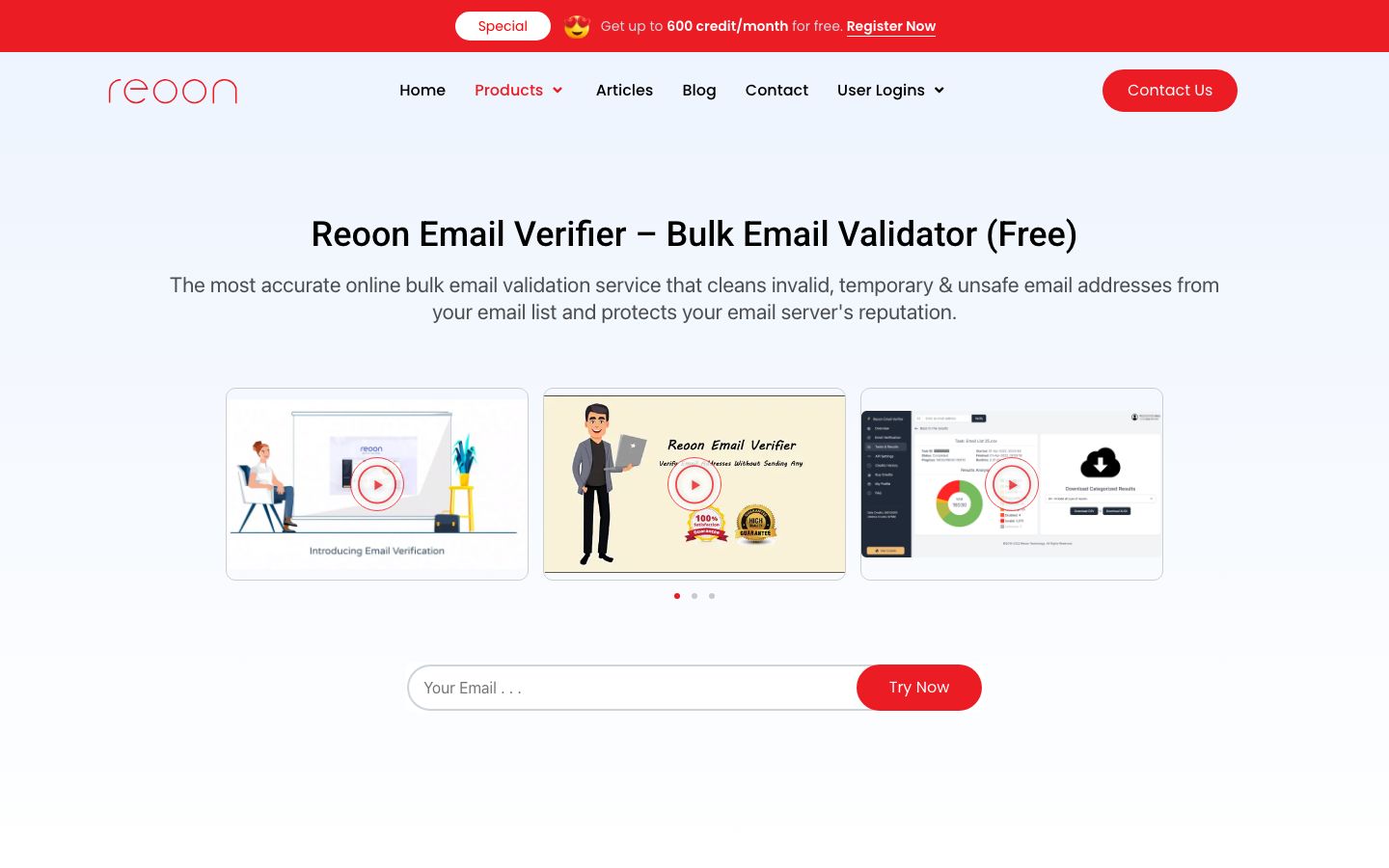 Reoon Email Verifier page with dashboard preview, free monthly credits message, and bulk validator form