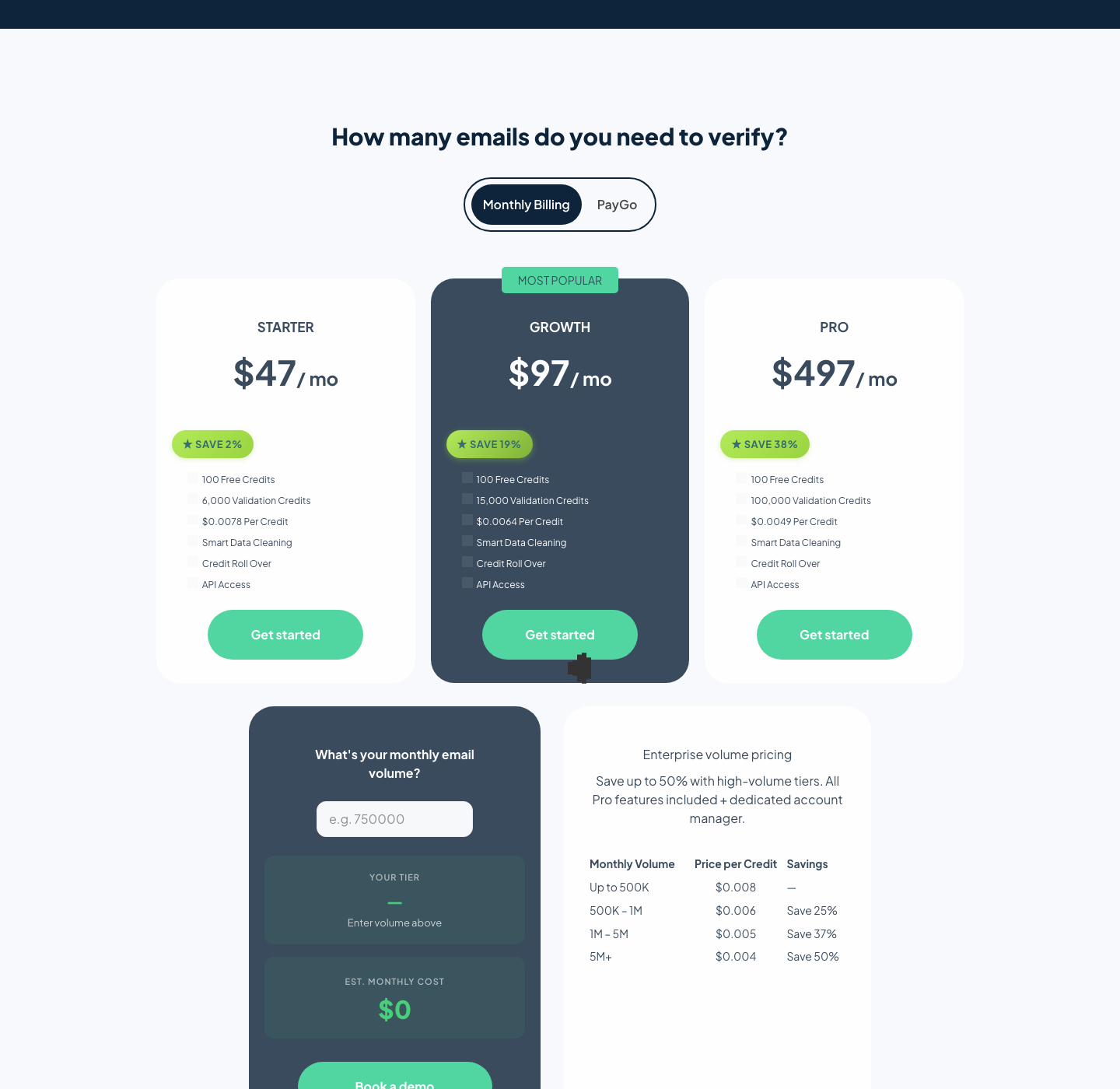 Scrubby pricing page showing Starter Growth and Pro risky email validation credit plans