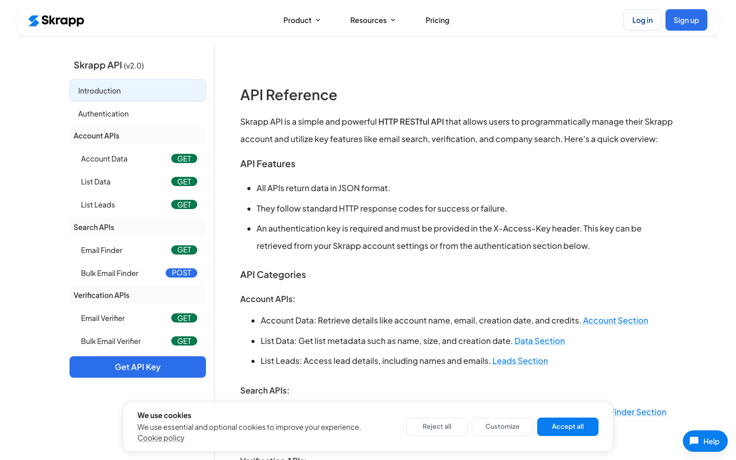 Skrapp API reference with search APIs and email verifier endpoints