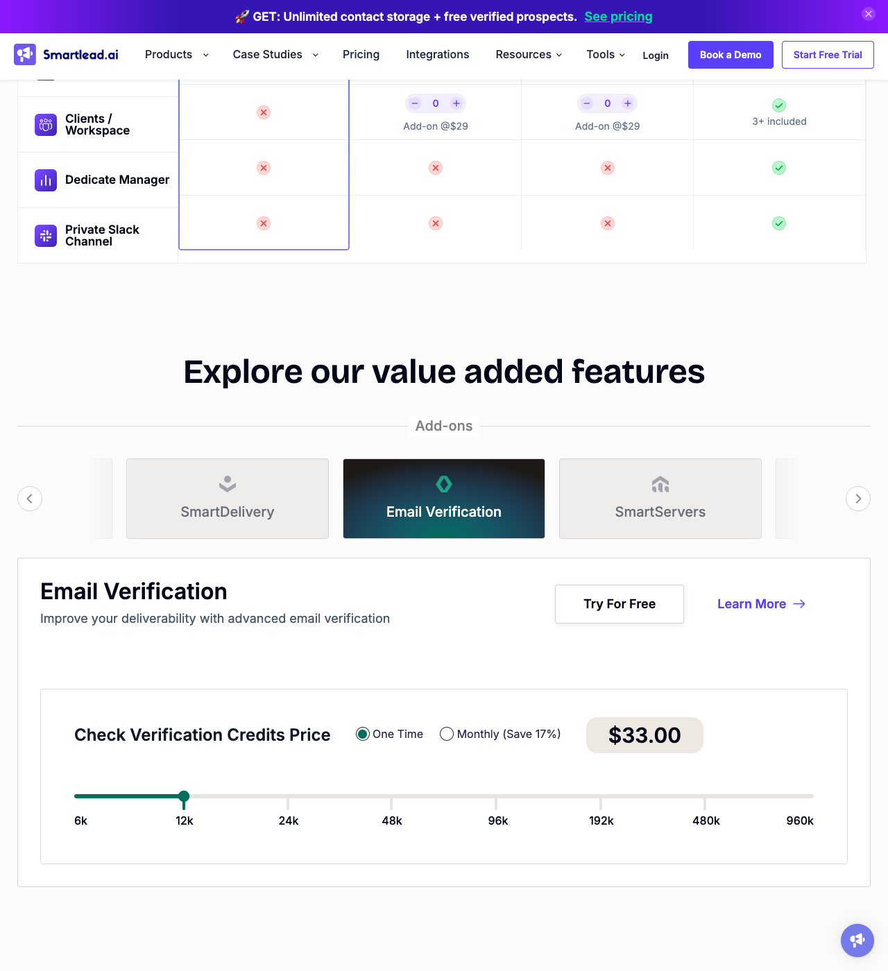 Smartlead pricing page showing email verification credits widget