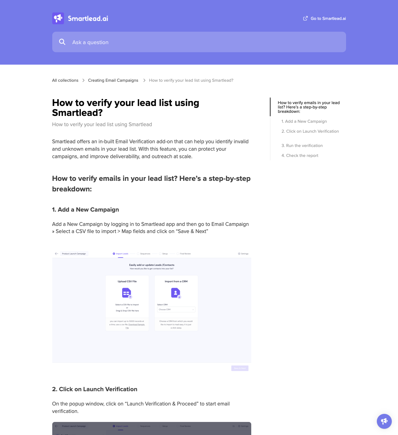 Smartlead help center page showing lead list verification workflow