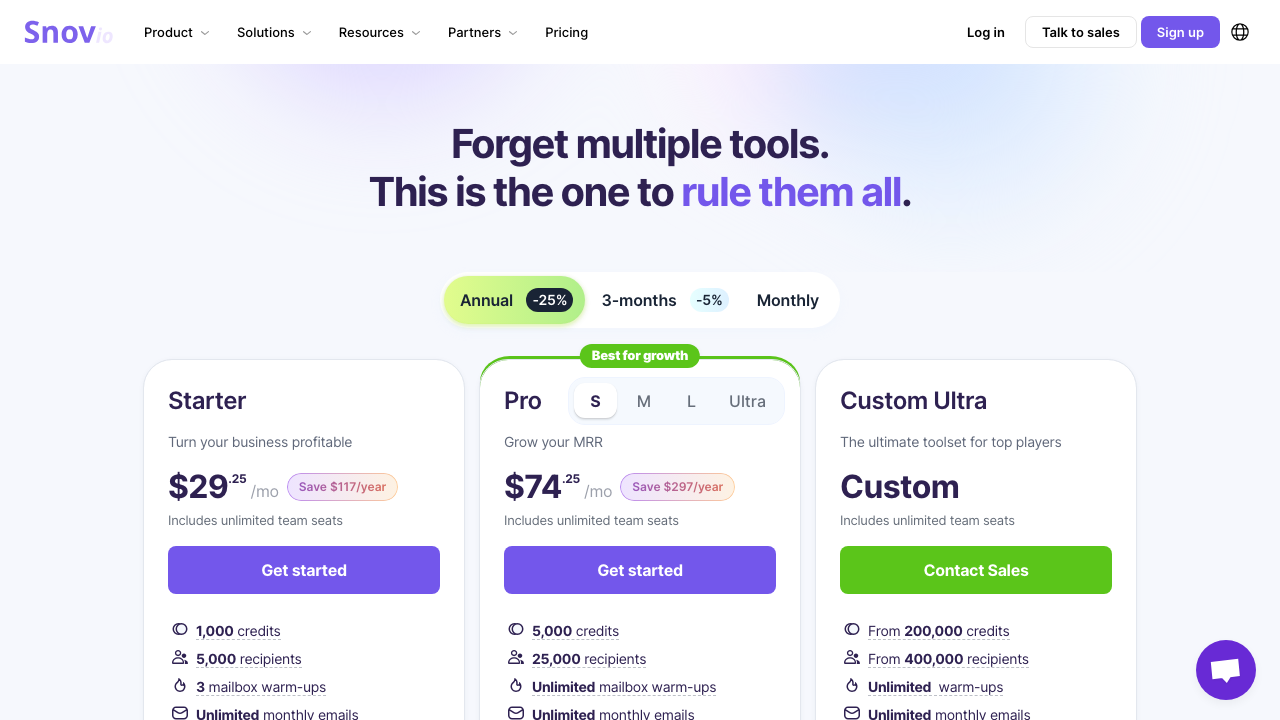 Snov.io pricing cards showing Starter Pro and Custom Ultra plans with credits recipients and email verifier access