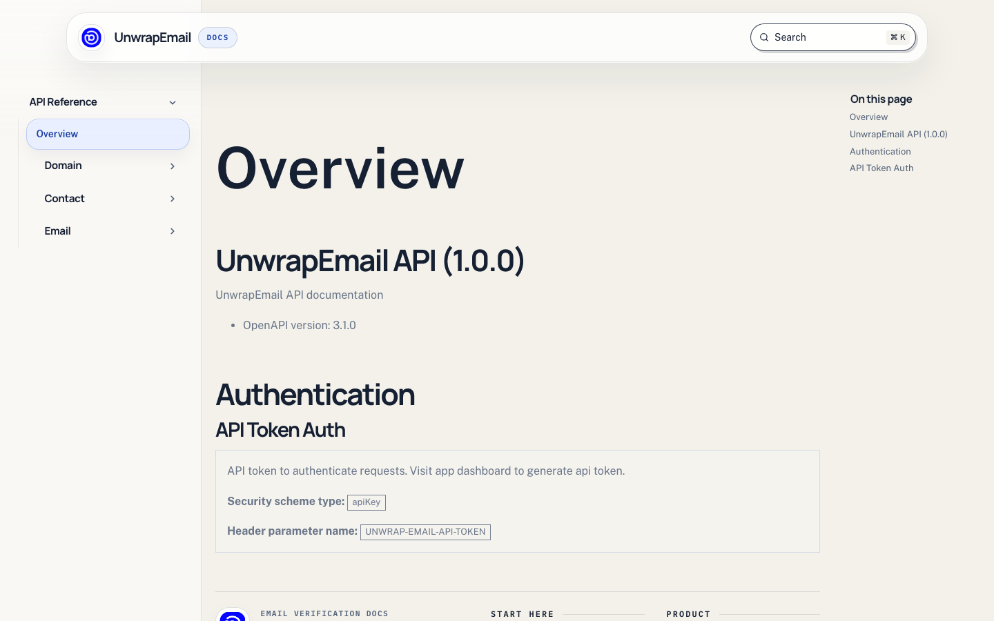 UnwrapEmail API documentation with token authentication and endpoint groups