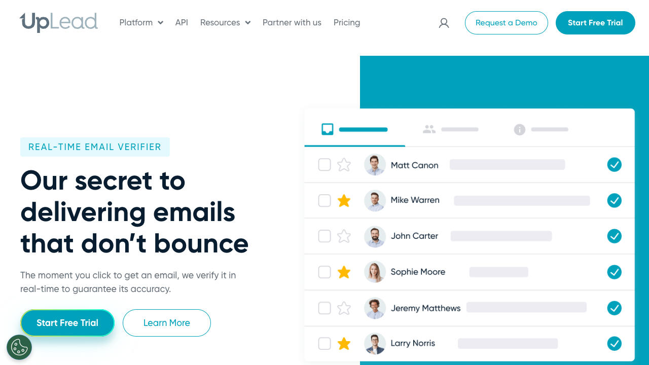 UpLead real-time email verifier page with verified contact list interface