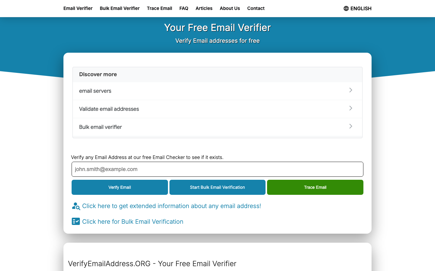 VerifyEmailAddress.org free email checker with manual verification form and bulk verification link