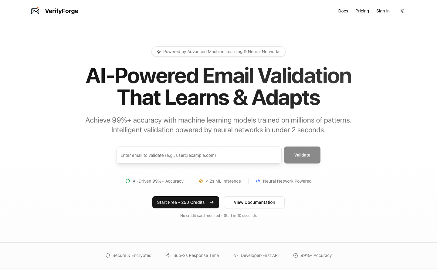 VerifyForge validation page showing email validation form and documentation link